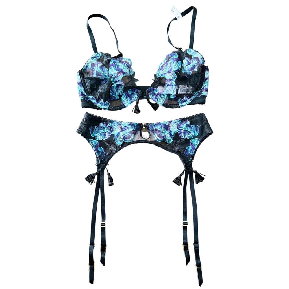 Victorias Secret Very Sexy Floral Orchid Bra 32D Garter XS/S Set Black Blue NEW